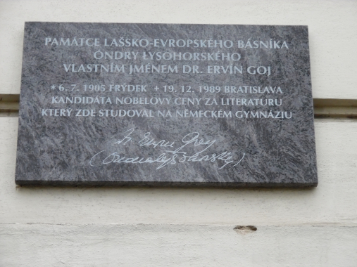 Pamětní deska Óndry Łysohorského ve Frýdku-Místku  